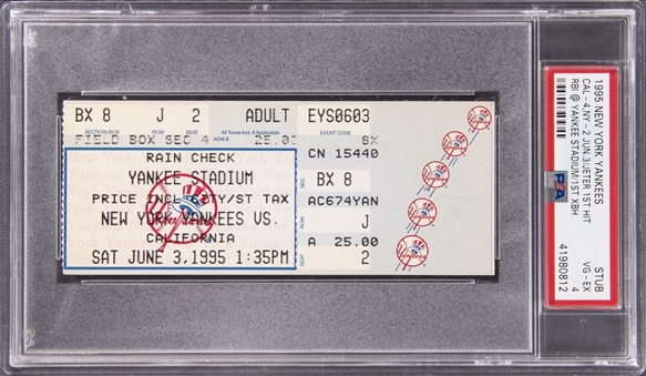 1995 Derek Jeter First Hit At Yankee Stadium Ticket Stub New York Yankees vs California Angels on 6/3/1995 - PSA VG-EX 4